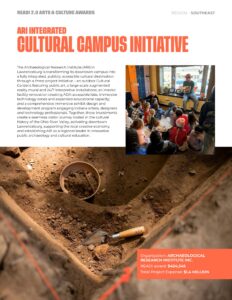 READI 2.0 Arts & Culture Awards page highlighting ARI's Integrated Cultural Campus Initiative, featuring a classroom program, archaeological excavation, and project funding details
